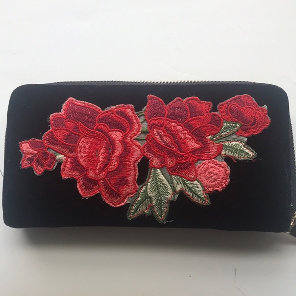 Urban Expressions Handbags - BLACK VELVET ZIP AROUND WALLET W/ ROSE EMBELLISH